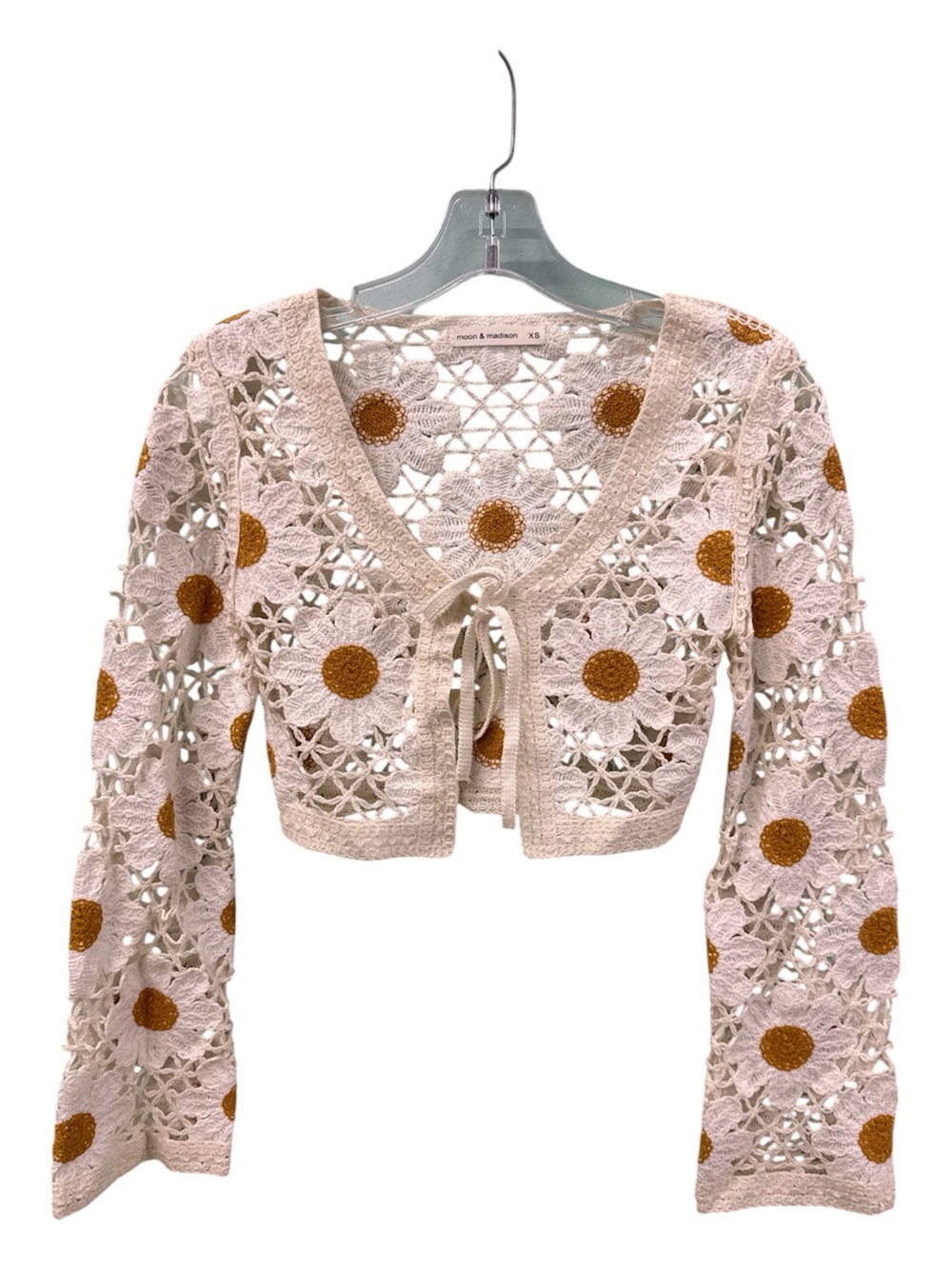 moon & madison Cream Crochet Daisy Tie-Front Crop Top